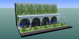 Restored terrace with cafe and shop pods underneath - like Victoria bathing machines these could be established in a space in front of the terraces to be used before the structure is made safe, and wheeled under the arches in due course
